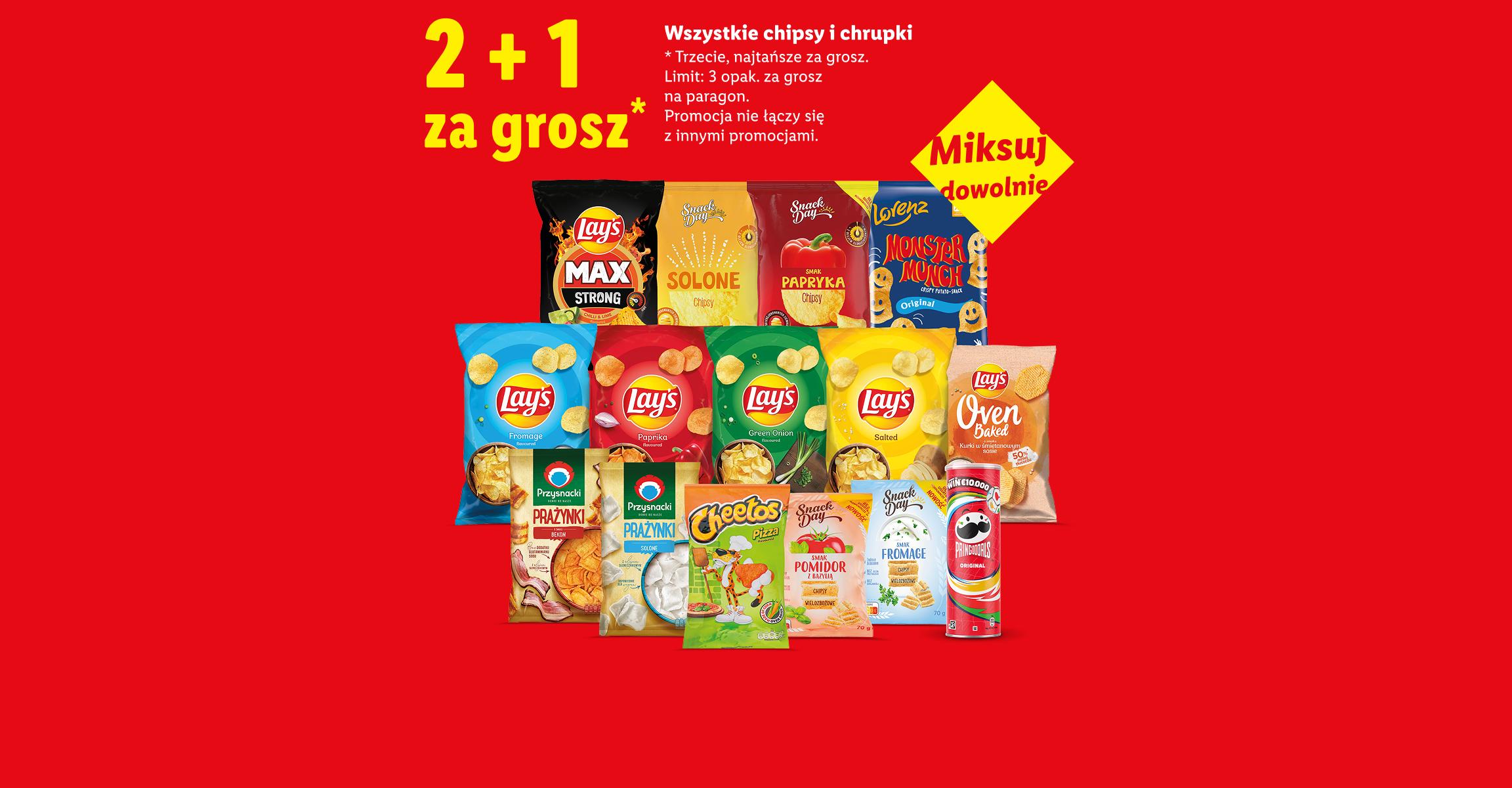 Jeszcze więcej oszczędności. To się opłaca. Wszystkie chipsy i chrupki 2+1 za grosz. Miksuj dowolnie. Limit 3 opak. za grosz na paragon.