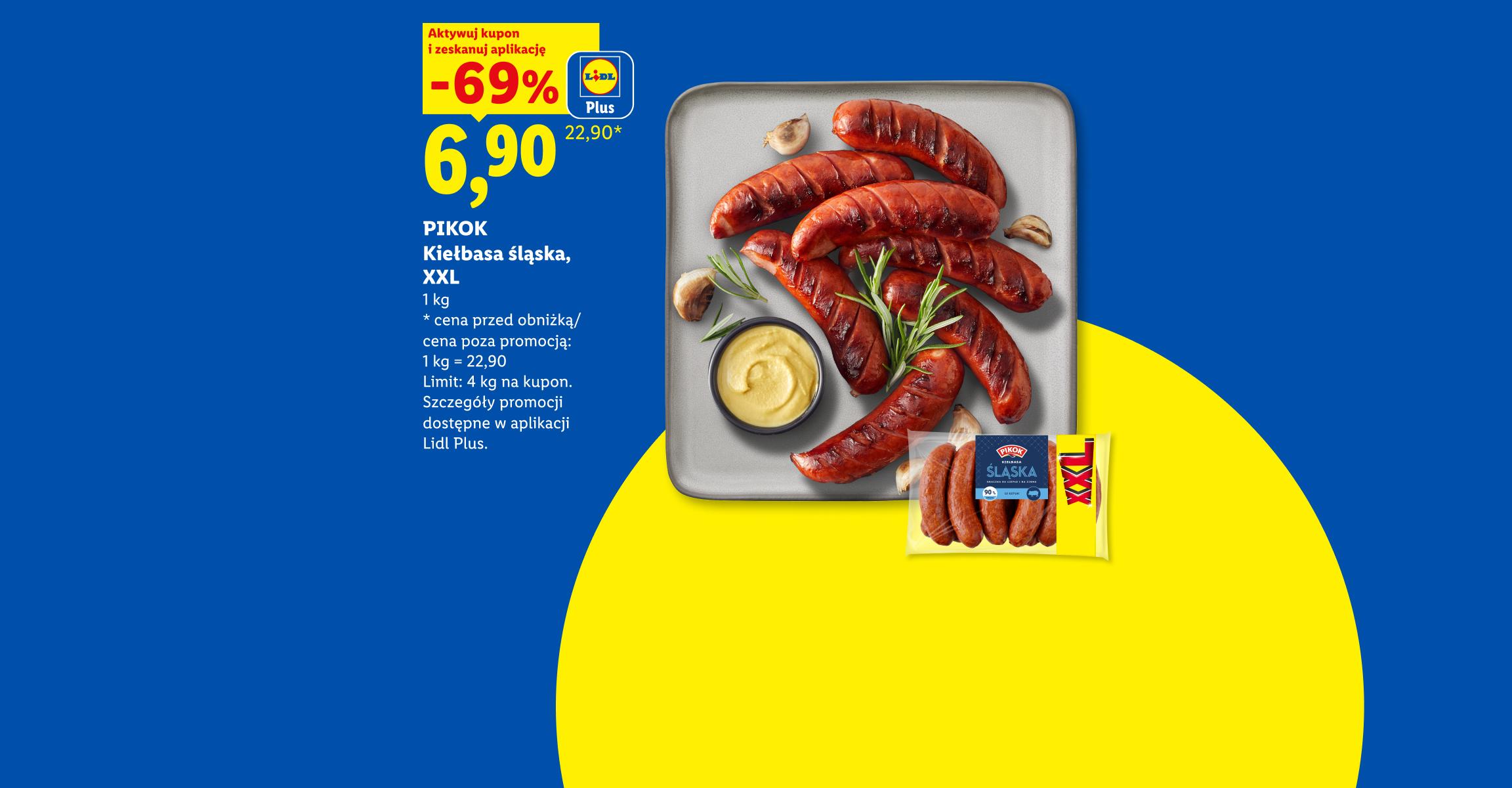 Z aplikacją LIDL PLUS Kiełbasa śląska PIKOK, 1kg, 69% taniej, w cenie 6,90/kg. Cena przed obniżką/ poza promocją 22,90/kg. Limit 4 kg na kupon.