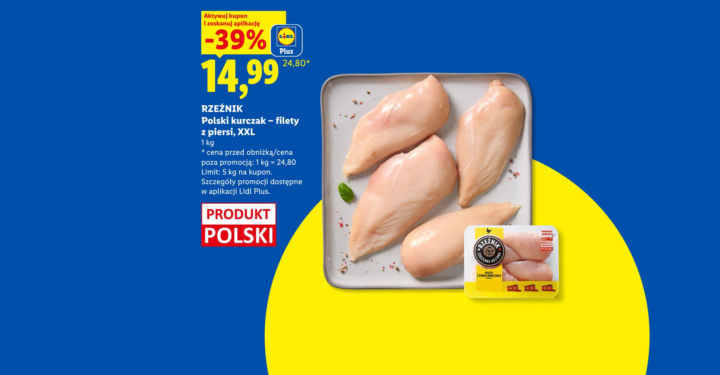 Z aplikacją Lidl Plus RZEŹNIK Polski kurczak - filet z piersi, XXL, 1kg, 39% taniej, w cenie 14,99/kg. Cena przed obniżką/poza promocją 24.80/kg. Limit 5 kg. na kupon. Produkt polski.