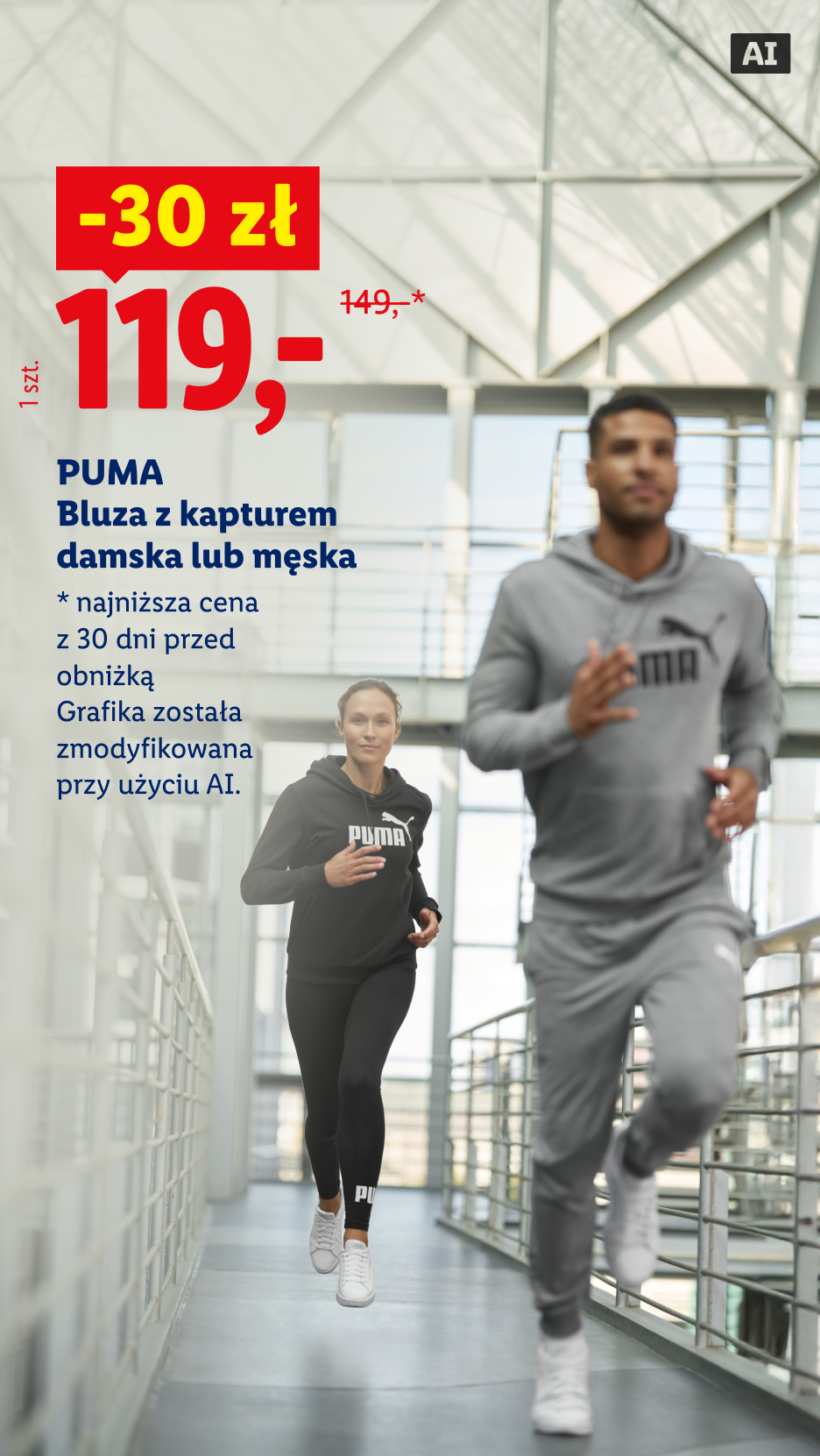 Puma bluza z kapturem damska lub męska 30 zł taniej, 119 zł/1 szt., wcześniej 149 zł, najniższa cena z 30 dni przed obniżką. Grafika została zmodyfikowana przy użyciu AI.