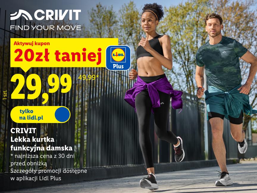 Crivit lekka krurtka funkcyjna damska 20 zł taniej z kuponem w aplikacji lidl plus 29,99 zł zamiast  49,99 zł najniższa cena z 30 dni przed obniżką/cena poza promocją tylko na lidl.pl
