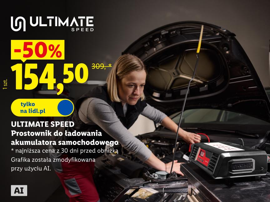 ULTIMATE SPEED Prostownik do ładowania akumulatora samochodowego 50% taniej 154,50 zł zamiast 309 zł najniższa cena z 30 dni przed obniżką tylko na lidl.pl Grafika została zmodyfikowana przy użyciu ai