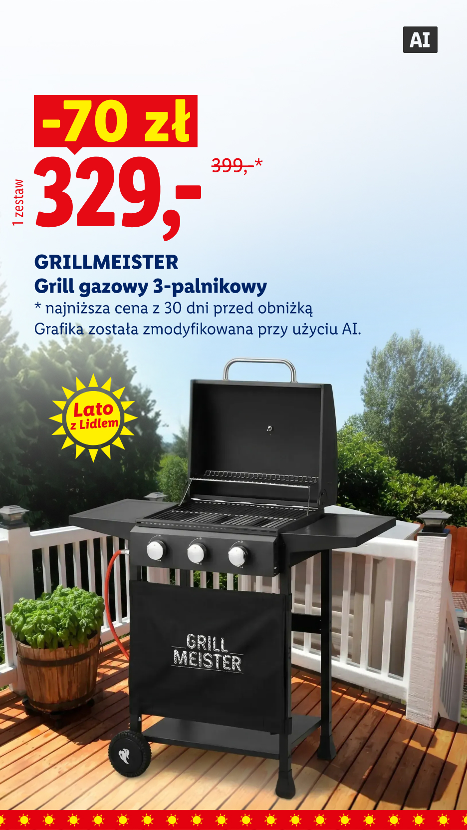 Grillmeister grill gazowy 3-palnikowy 70 zł taniej, 329 zł/1 zestaw, wcześniej 399 zł, najniższa cena z 30 dni przed obniżką. Grafika została zmodyfikowana przy użyciu AI.