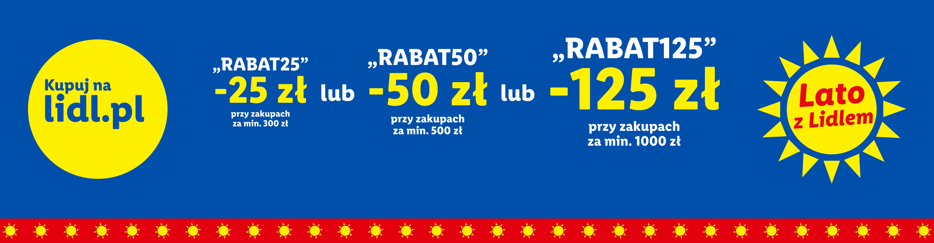 Promocja: zniżki 25 zł, 50 zł lub 125 zł na zakupy online, w zależności od kwoty zamówienia.