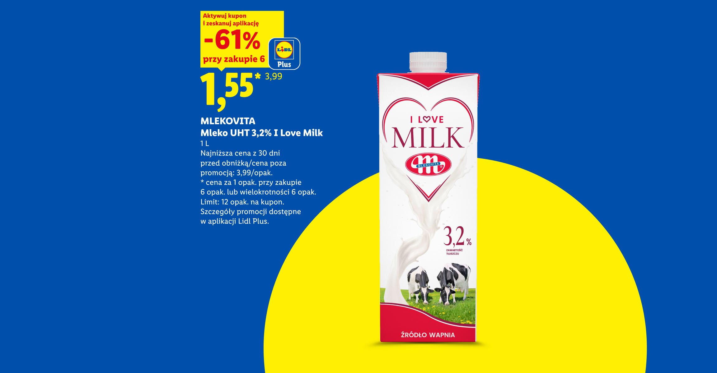 Z kuponem Lidl Plus Mlekpol Mleko UHT 3,2% I LOVE MILK 1,55/1L, 61% taniej przy zakupie 6. Najniższa cena z 30 dni: 3,99/opak. Limit: 12 opak.na kupon.