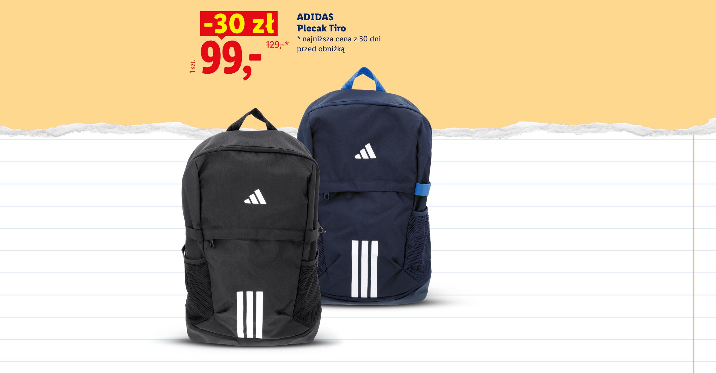 Jeszcze więcej oszczędności. To się opłaca. ADIDAS Plecak Tiro 30zł taniej, w cenie 99. Najniższa cena z 30 dni przed obniżką 129