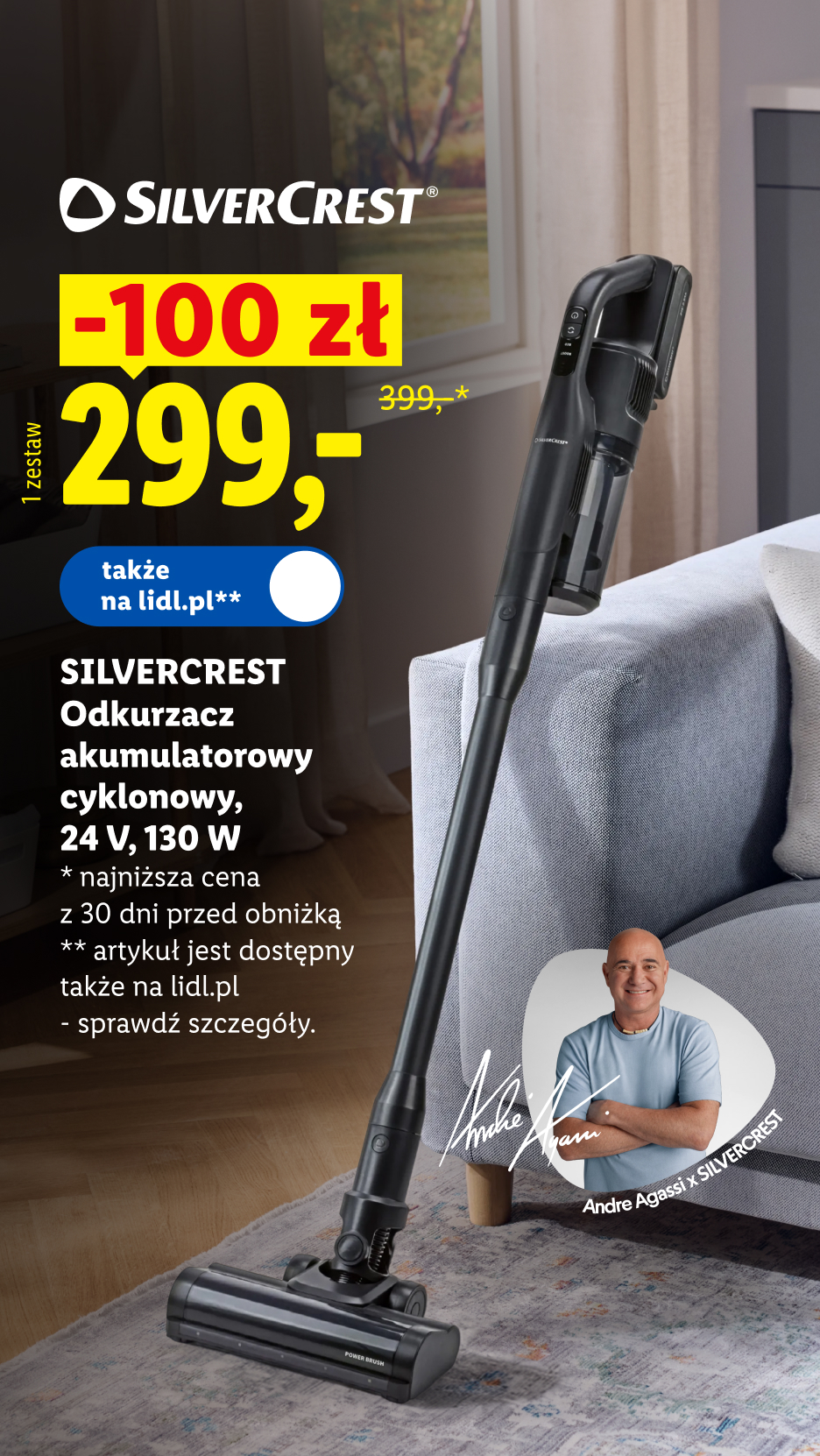 SilverCrest akumulatorowy odkurzacz cyklonowy 2 w 1 z silnikiem bezszczotkowym, 24 V, 400 W. Andre Agassi x SilverCrest.