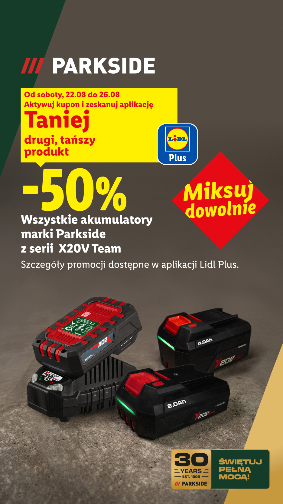 Parkside Performance akumulatory X20V Team 2,0 Ah i 4,0 Ah oraz ładowarka. Grafika została zmodyfikowana przy użyciu AI.