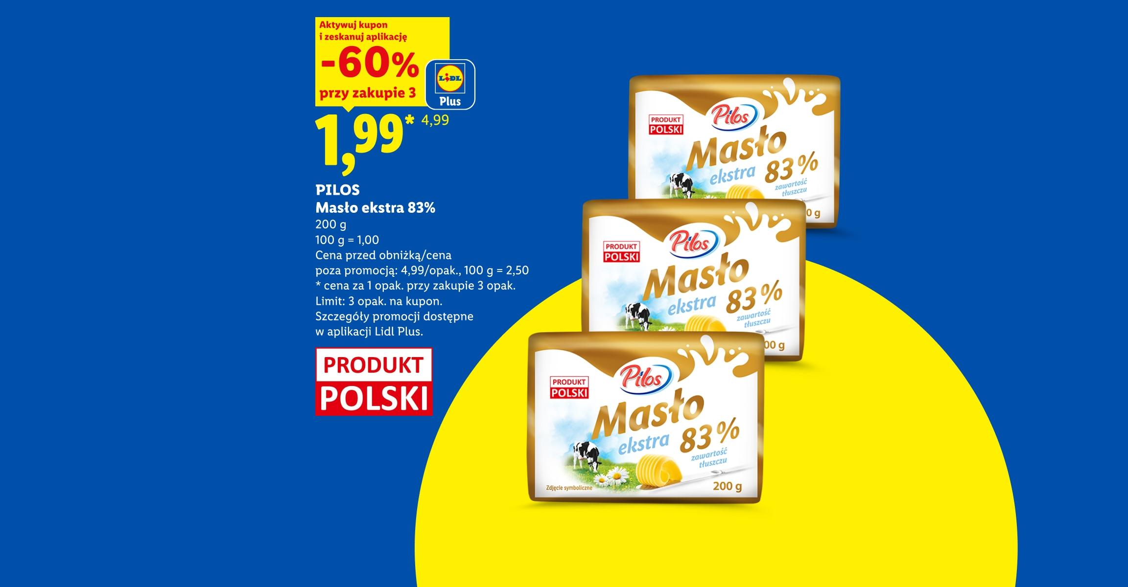 Z kuponem Lidl Plus PILOS, Masło extra 83%, 200g, 60% taniej, przy zakupie trzech cena 1,99 zł za sztukę, 100g=1zł. Cena przed obniżką/ poza promocją 4,99 zł/opak, 100g=2,50zł. Limit 3 opak. na kupon.