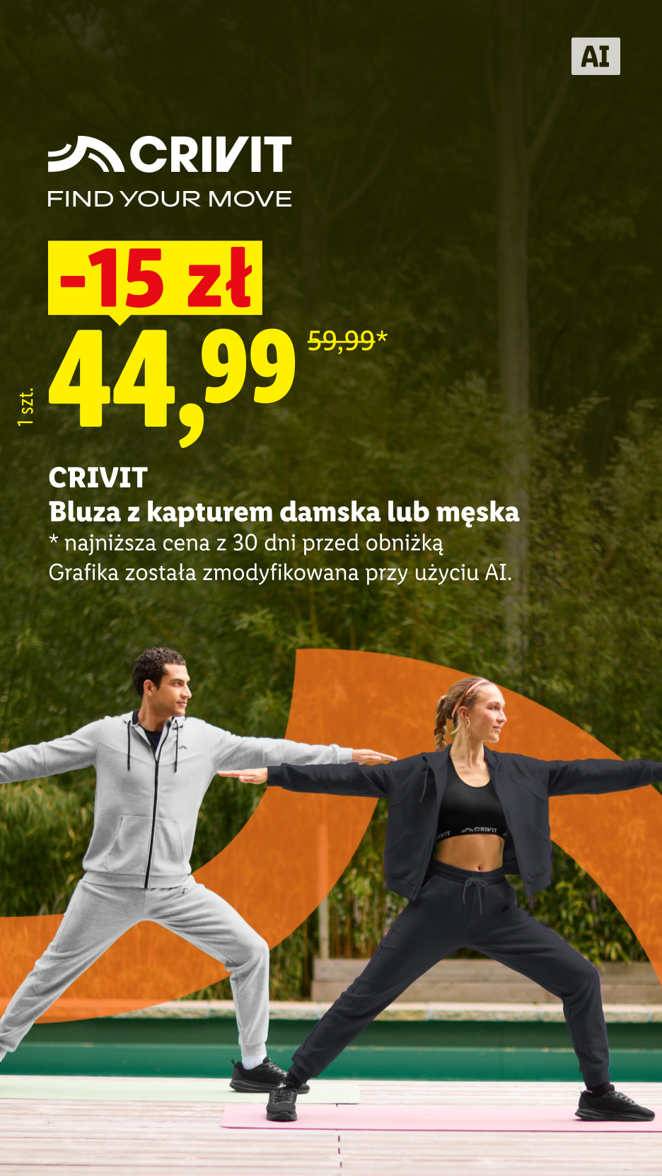 Crivit bluza z kapturem damska lub męska, 15 zł taniej, 44,99 zł/1 szt., 59,99 zł najniższa cena z 30 dni przed obniżką. Grafika została zmodyfikowana przy użyciu AI.