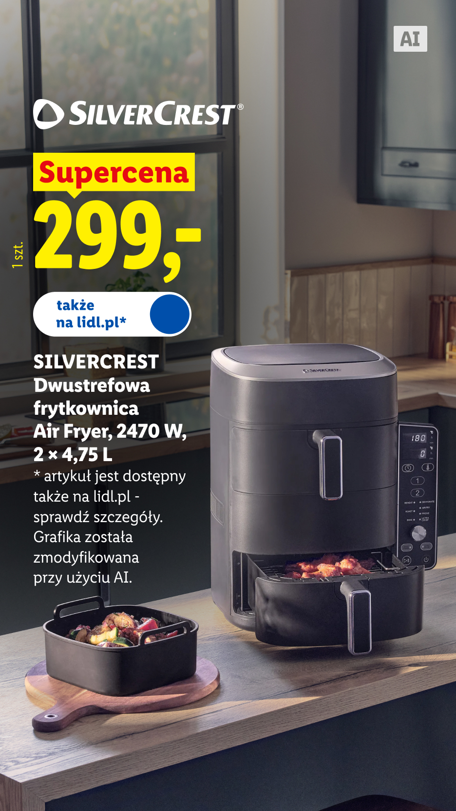 SilverCrest dwustrefowa frytkownica Air Fryer 2470 W, 2 × 4,75 l, 299 zł/1 szt., dostępna także na lidl.pl. Grafika została zmodyfikowana przy użyciu AI.