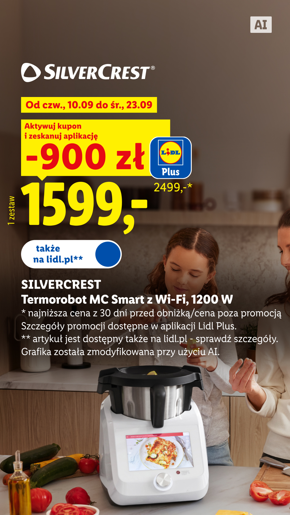 SILVERCREST Termorobot MC Smart z Wi-Fi, 1200 W 900 zł taniej, 1599zł najniższa cena z 30 dni przed obniżką/cena poza promocją: 2499,- także na lidl.pl Grafika została zmodyfikowana przy użyciu AI.