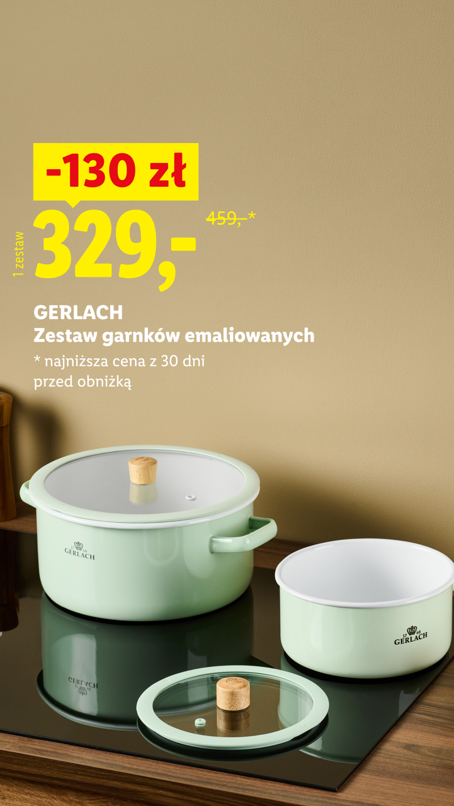 Gerlach zestaw garnków emaliowanych, 130 zł taniej, 329 zł/1 zestaw, 459 zł najniższa cena z 30 dni przed obniżką.