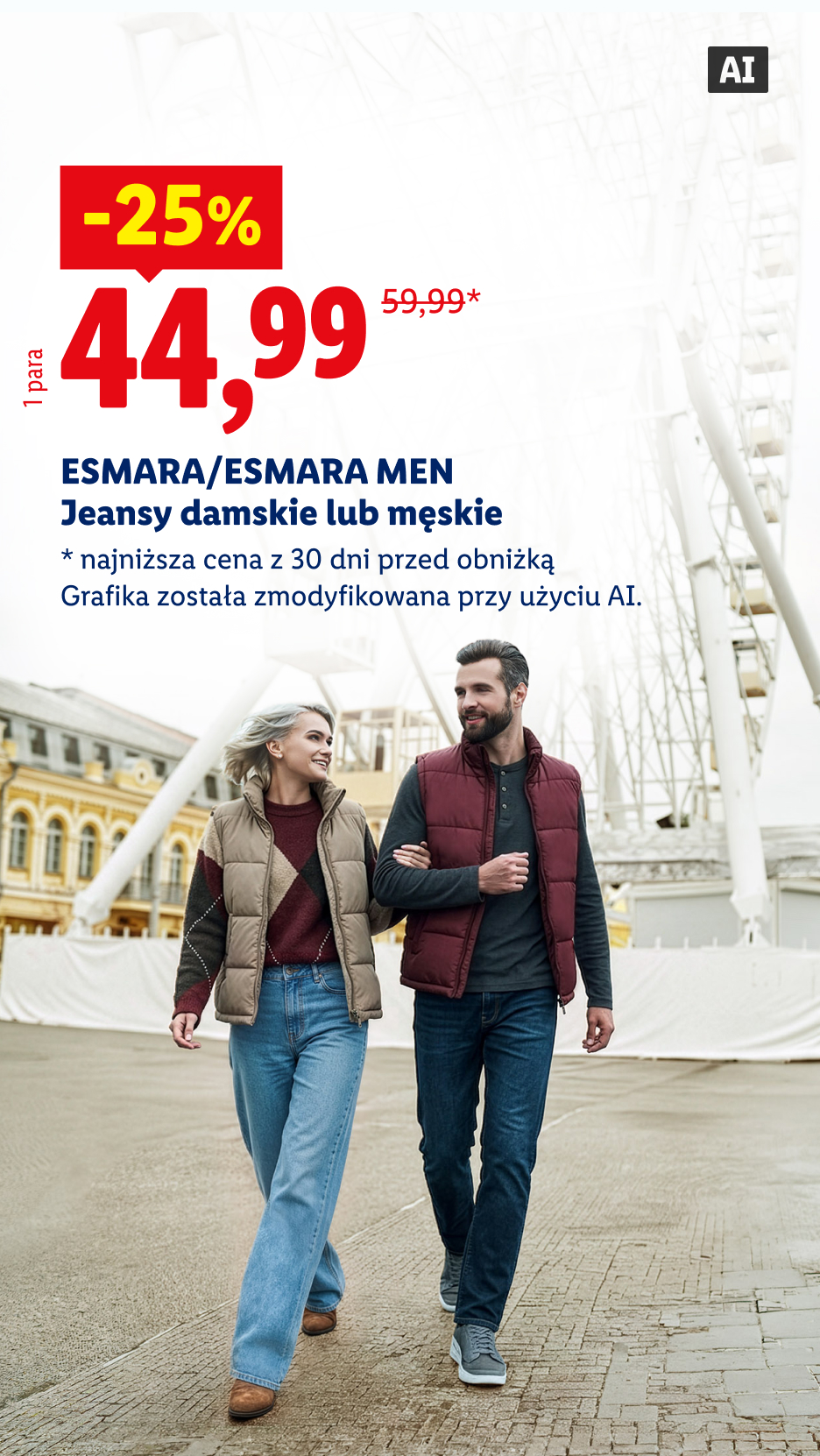Esmara/Esmara Men jeansy damskie lub męskie, 25% taniej, 44,99 zł/1 para, 59,99 zł najniższa cena z 30 dni przed obniżką. Grafika została zmodyfikowana przy użyciu AI.