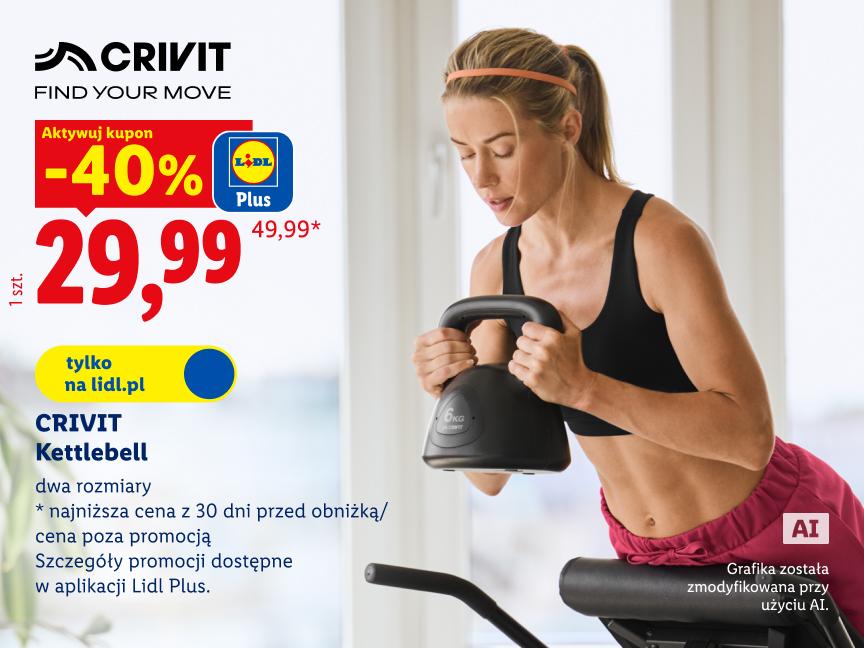CRIVIT Kettlebell 40% taniej z kuponem Lidl Plus 29,99 zł zamiast 49,99 zł najniższa cena z 30 dni przed obniżką/cena poza promocją tylko na lidl.pl Grafika została zmodyfikowana przy użyciu AI.