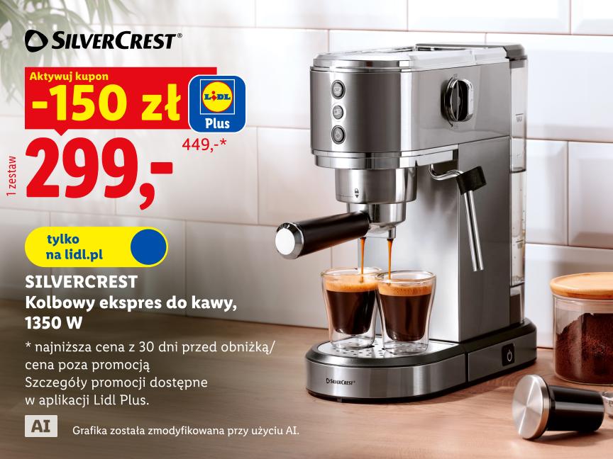 SILVERCREST  ekspres do kawy 150 zł taniej z kuponem lidl plus 299 zł zamiast 449 zł najniższa cena z 30 dni przed obniżką/cena poza promocją tylko na lidl.pl Grafika zmodyfikowana przy użyciu AI.