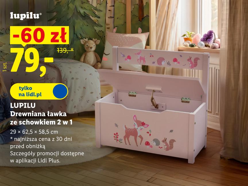 LUPILU Drewniana ławka ze schowkiem 2 w 1, 29 x 62,5 x 58,5 cm 60 zł taniej 79 zł zamiast 139 zł najniższa cena z 30 dni przed obniżką tylko na lidl.pl