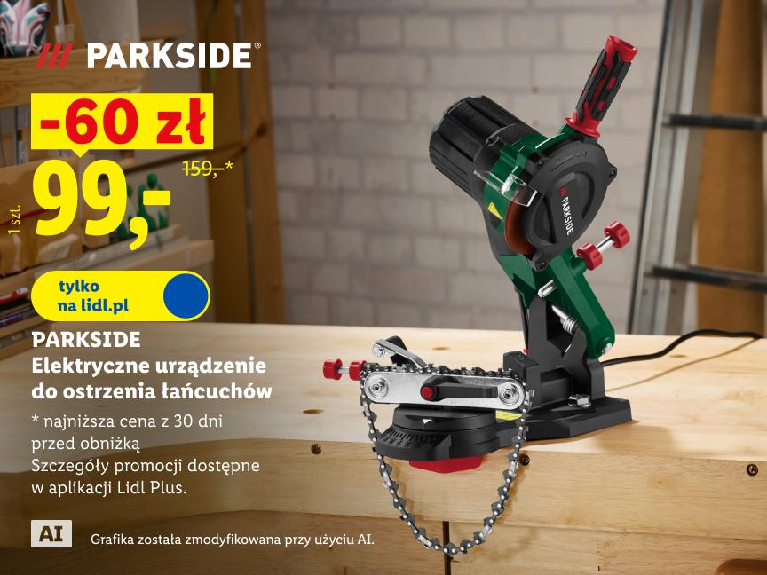 PARKSIDE Elektryczne urządzenie do ostrzenia łańcuchów 60 zł taniej 99 zł zamiast 159 zł najniższa cena z 30 dni przed obniżką tylko na lidl.pl Grafika została zmodyfikowana przy użyciu AI.