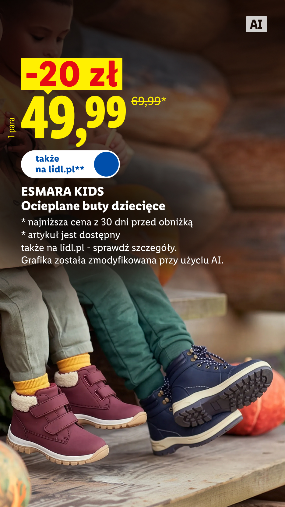 Esmara Kids ocieplane buty dziecięce, 20 zł taniej, 49,99 zł/1 para, 69,99 zł najniższa cena z 30 dni przed obniżką, także na lidl.pl. Grafika została zmodyfikowana przy użyciu AI.