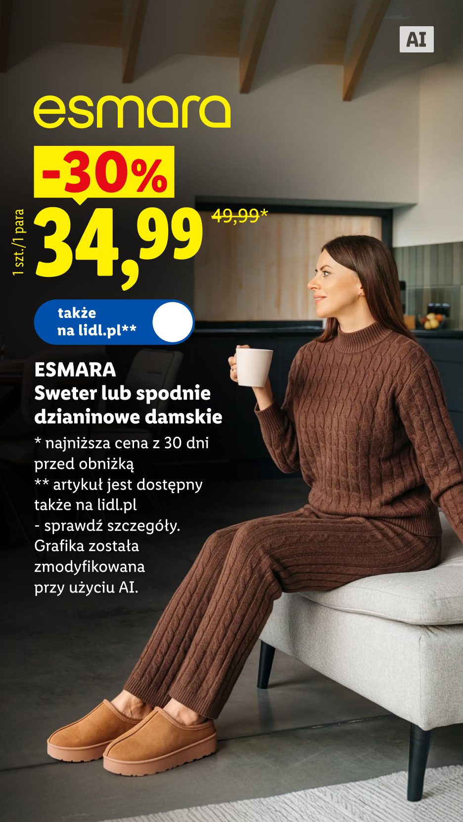 Esmara sweter lub spodnie dzianinowe damskie, 30% taniej, 34,99 zł/1 szt., 49,99 zł najniższa cena z 30 dni przed obniżką, także na lidl.pl. Grafika została zmodyfikowana przy użyciu AI.