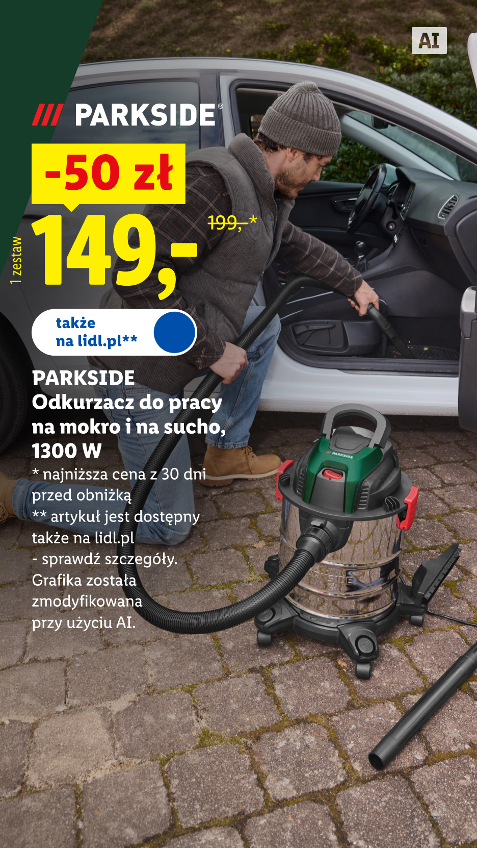 Parkside odkurzacz do pracy na mokro i sucho 1300 W, 50 zł taniej, 149 zł/1 zestaw, 199 zł najniższa cena z 30 dni przed obniżką, także na lidl.pl. Grafika została zmodyfikowana przy użyciu AI.