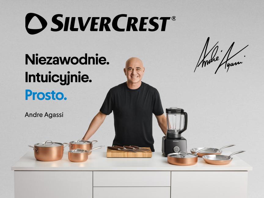Andre Agassi prezentuje miedziane garnki, patelnie, noże kuchenne i blender stojący.