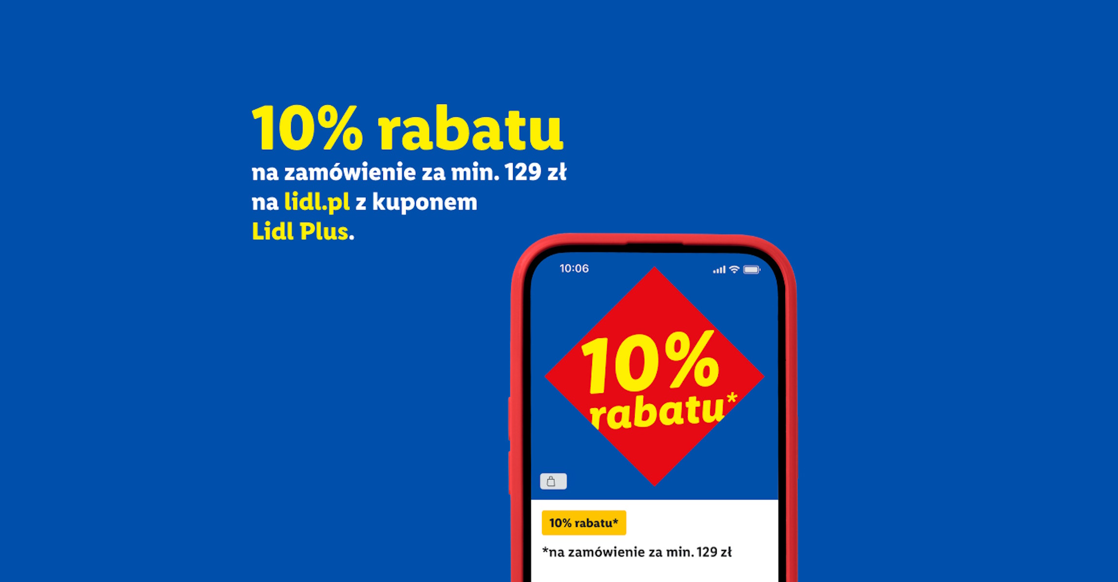Niebieski baner reklamujący 10% rabatu na zakupy online z kuponem w aplikacji mobilnej.