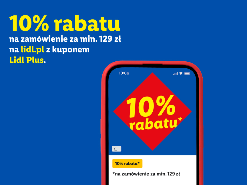 10% rabatu na zamówienie za min. 129 zł na lidl.pl z kuponem Lidl Plus