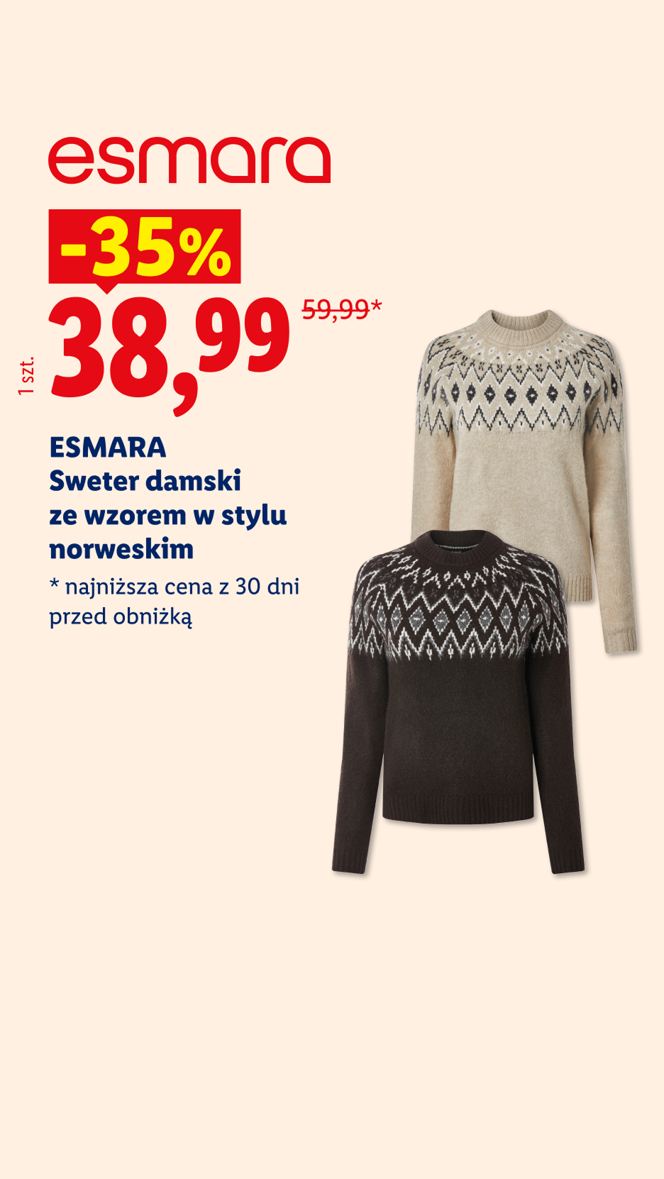Esmara sweter damski ze wzorem norweskim, 35% taniej, 38,99 zł, 59,99 zł najniższa cena z 30 dni przed obniżką.