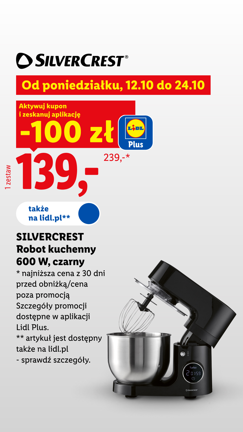 Silvercrest robot kuchenny 600 W, czarny, z kuponem Lidl Plus 100 zł taniej, 139 zł zamiast 239 zł. Promocja od 12.10 do 24.10. Szczegóły w aplikacji Lidl Plus, produkt także na lidl.pl.