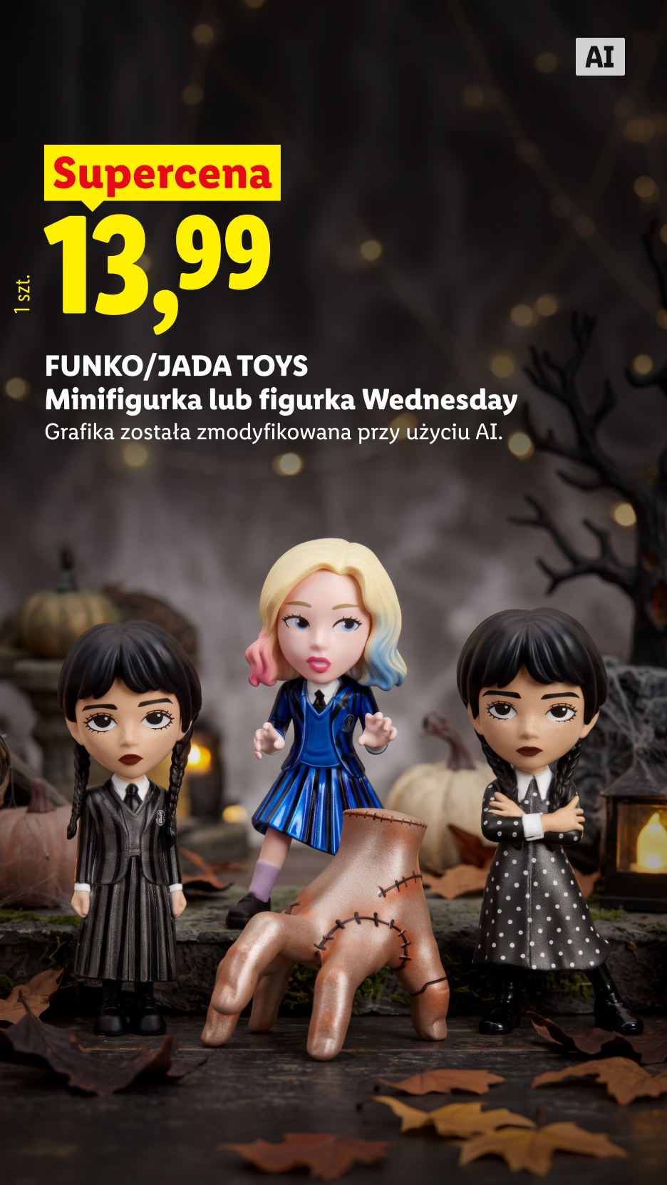 Funko/Jada Toys minifigurka lub figurka Wednesday, supercena 13,99 zł/1 szt. Grafika została zmodyfikowana przy użyciu AI.
