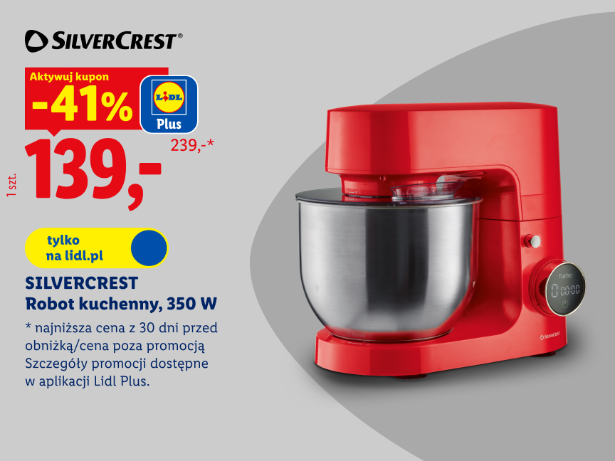Silvercrest Robot kuchenny, 350 W 41% taniej 139 zł zamiast 239 zł z kuponem Lidl Plus. najniższa cena z 30 dni przed obniżką, Szczegóły promocji dostępne w aplikacji Lidl Plus. tylko na lidl.pl