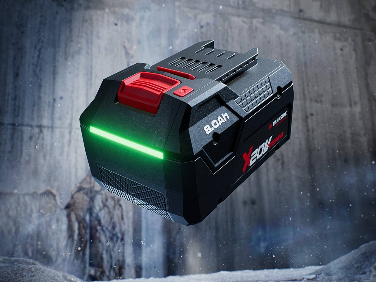 Akumulator Parkside X 20V Team 8.0Ah z jasnozielonym wskaźnikiem naładowania.