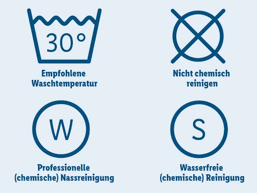 Symbole prania: pranie w 30°C, nie czyścić chemicznie, profesjonalne czyszczenie na mokro (W), czyszczenie chemiczne (S).