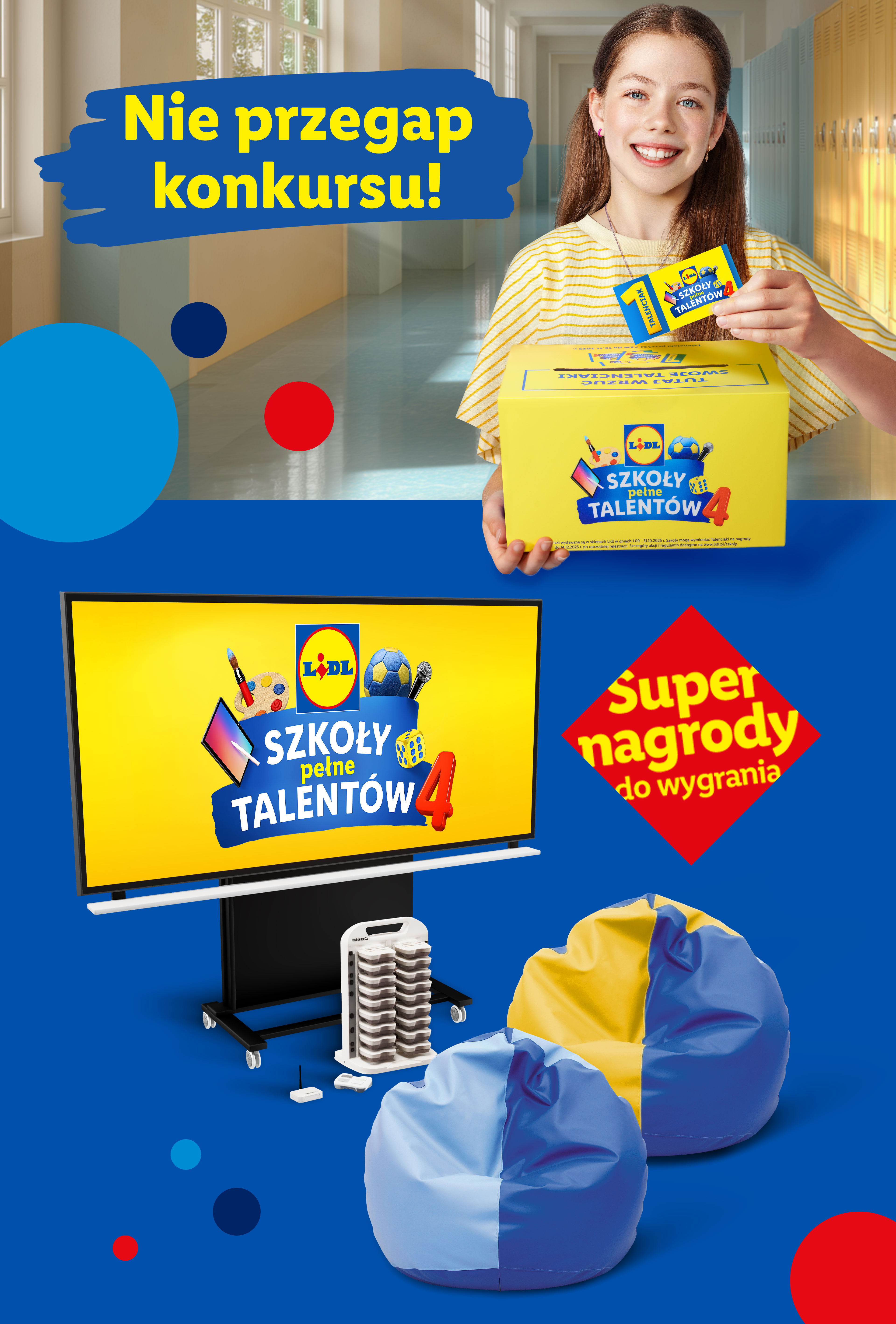 Dziewczynka z pudełkiem i kuponem Lidl, obok telewizor z logo Lidl i pufy.