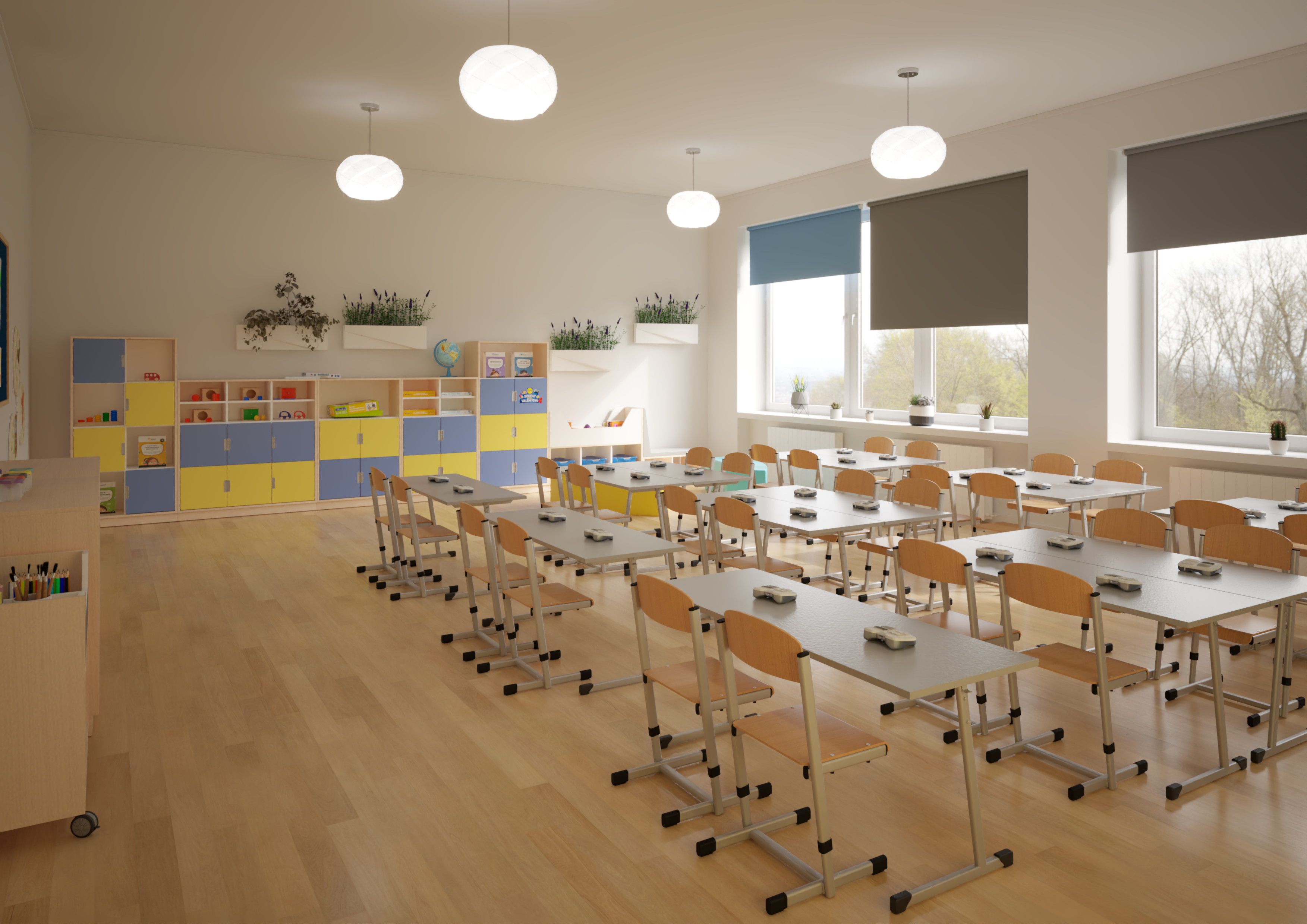 Klasa szkolna z rzędami biurek i krzeseł, szafkami do przechowywania i dużymi oknami.
