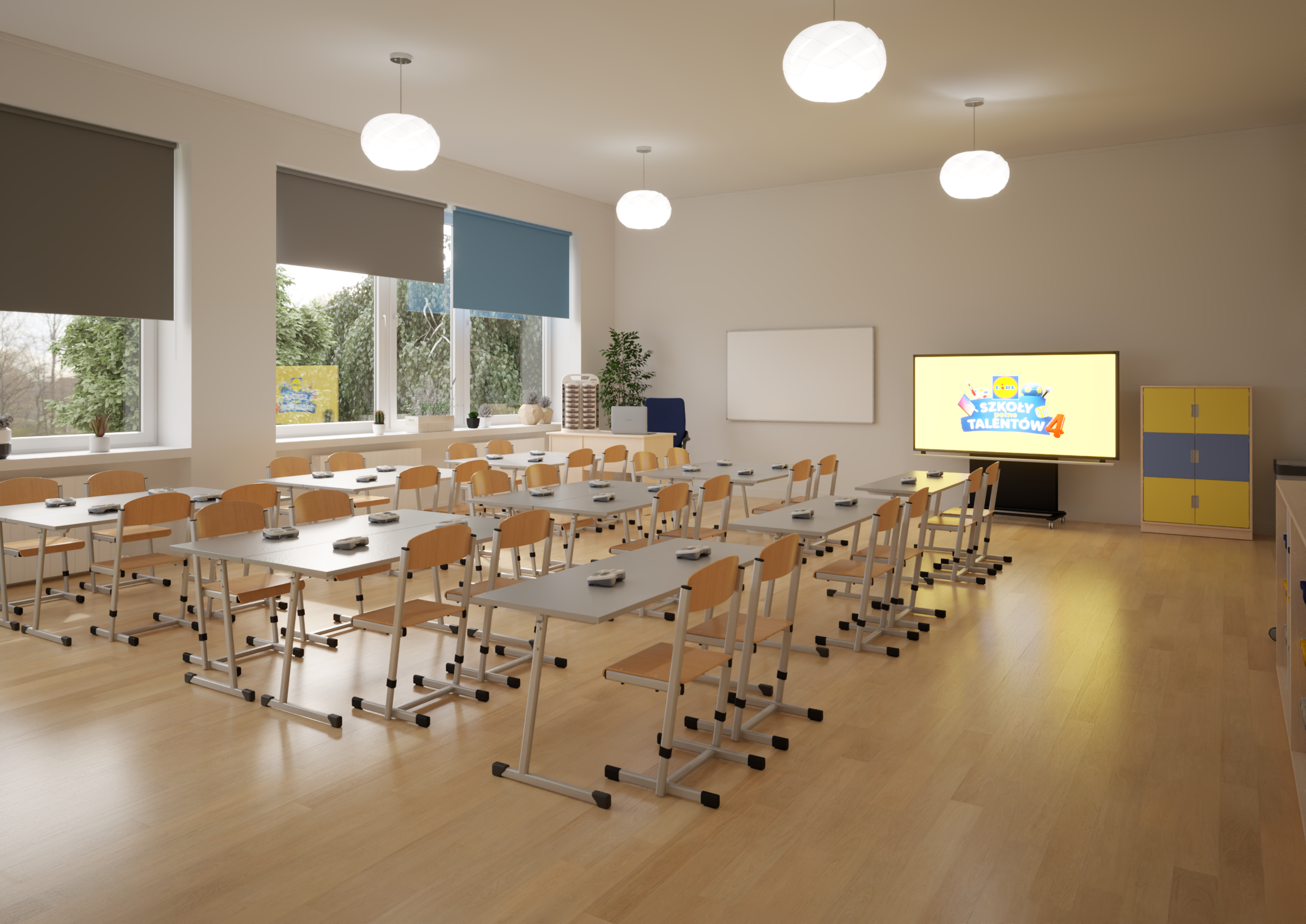 Klasa szkolna z rzędami biurek, krzeseł, tablicą interaktywną i szafkami.