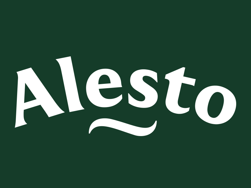Biały, stylizowany napis „Alesto” na ciemnozielonym tle.