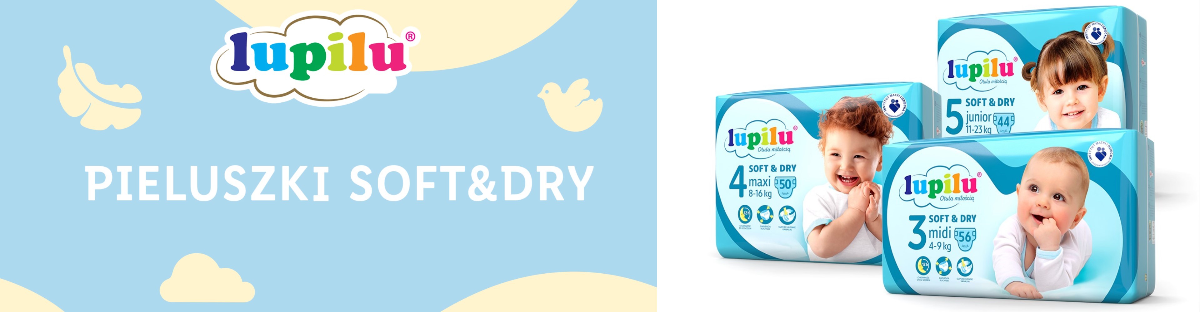 Lupilu Soft & Dry pieluszki dla niemowląt: rozmiary maxi, midi i junior.