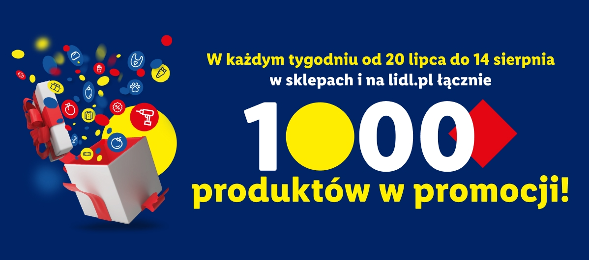 Prezenty wyskakujące z pudełka, w tym ikony jedzenia, narzędzi i ubrań, z tekstem: 'W każdym tygodniu od 20 lipca do 14 sierpnia w sklepach i na lidl.pl łącznie 1000 produktów w promocji!'