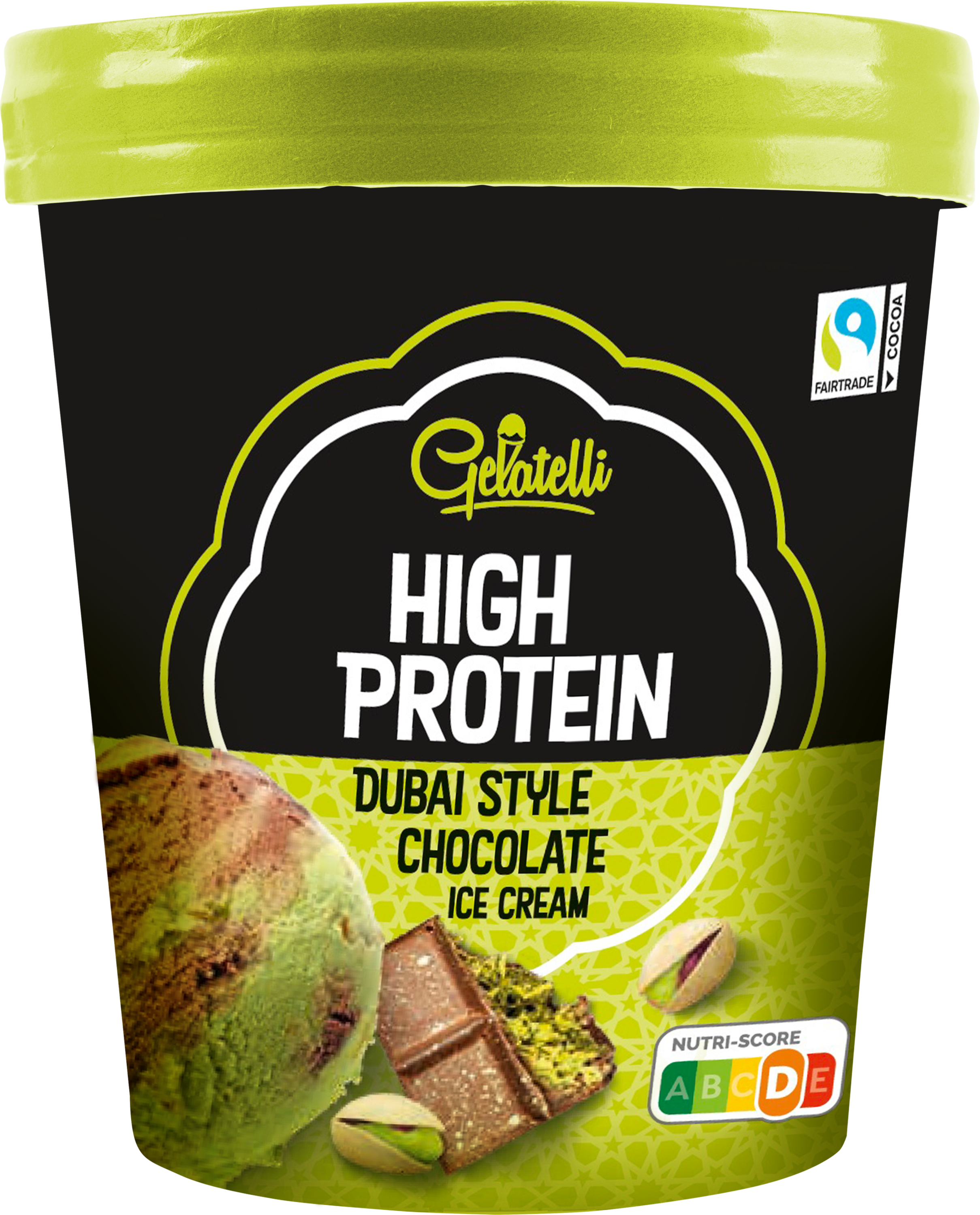 Lody wysokobiałkowe o smaku czekoladowym w stylu Dubaju z pistacjami, z Nutri-Score D.