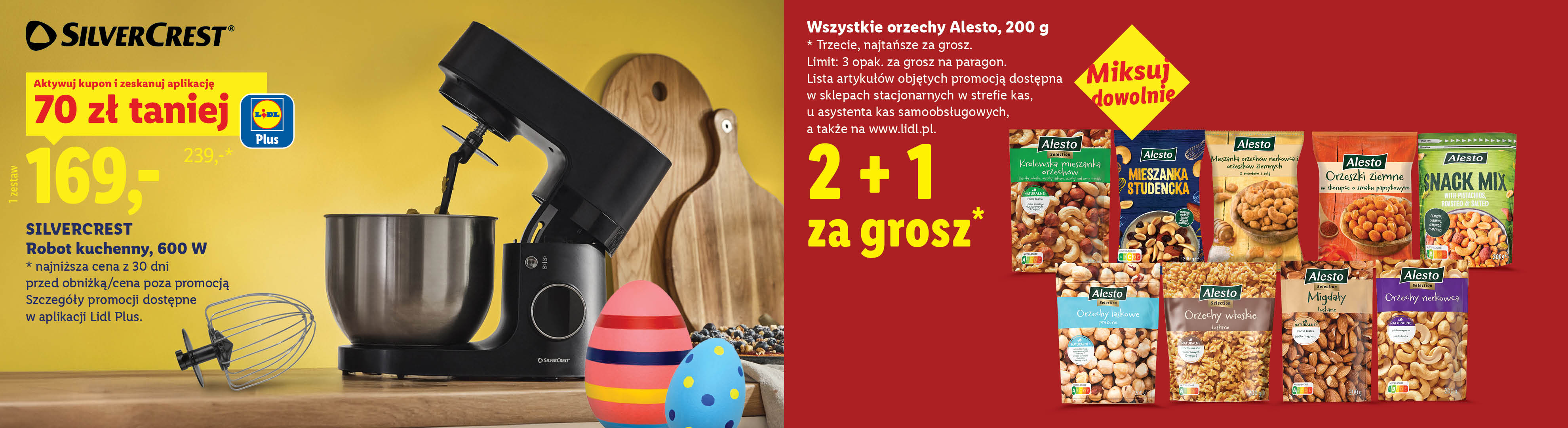 Silvercrest Robot kuchenny 70 zł taniej z kuponem Lidl Plus, 169 zł. Wszystkie orzechy Alesto, 200 g 2+1 za grosz.
