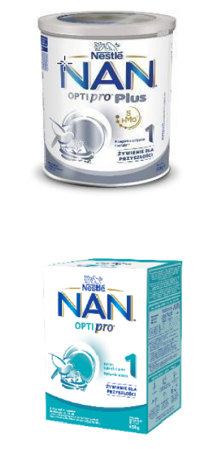 Dwa opakowania mleka modyfikowanego dla niemowląt, jedno w puszce, drugie w kartonie.