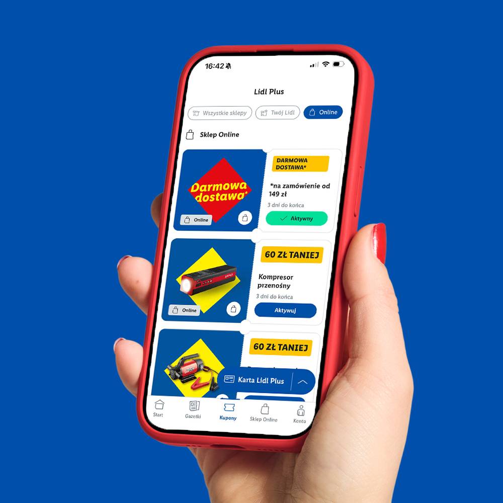 Aplikacja Lidl Plus z ofertami na darmową dostawę i kompresor przenośny.