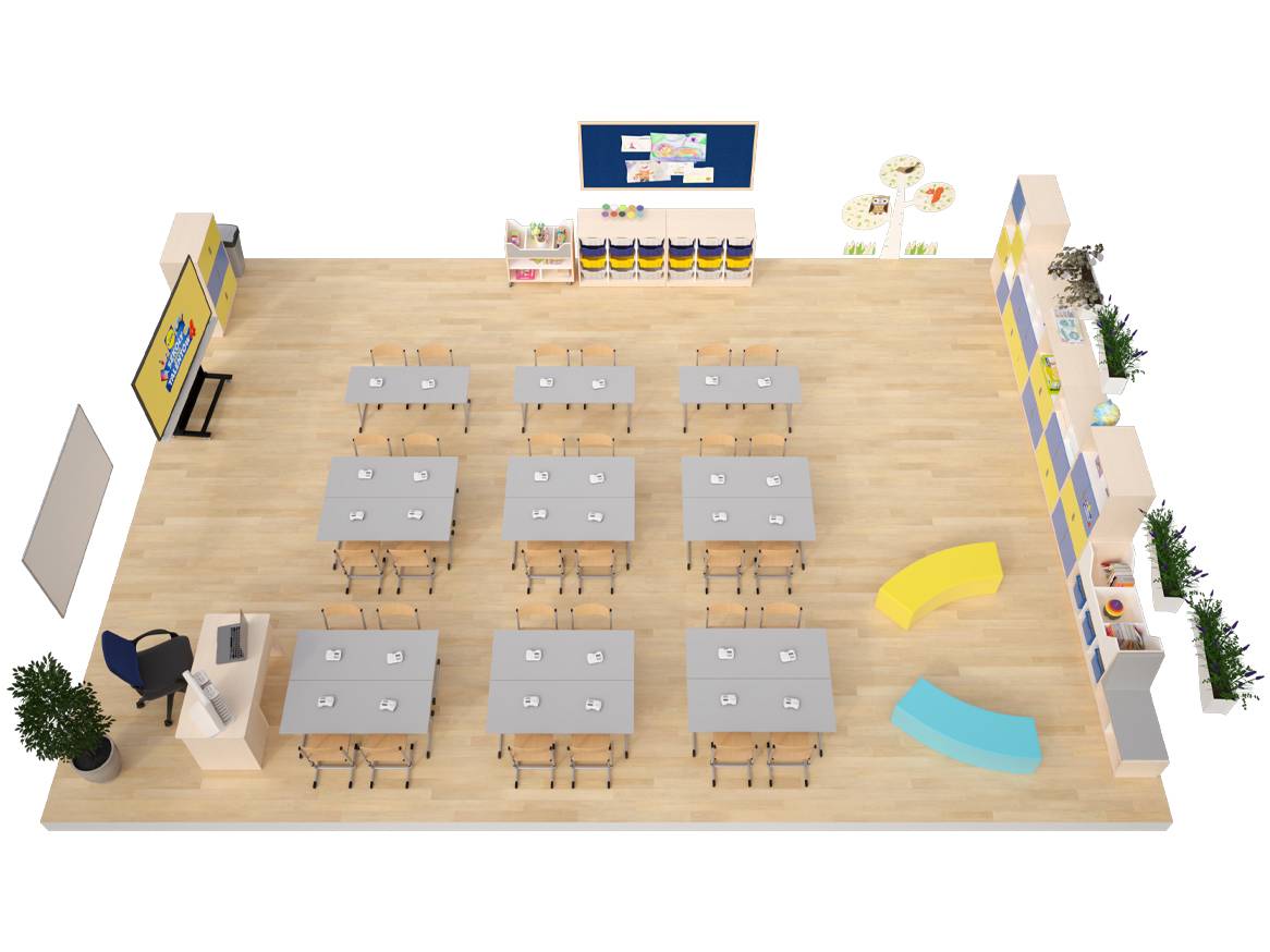 Widok z góry na salę lekcyjną z biurkiem nauczyciela, stołami dla uczniów, tablicą i regałami.